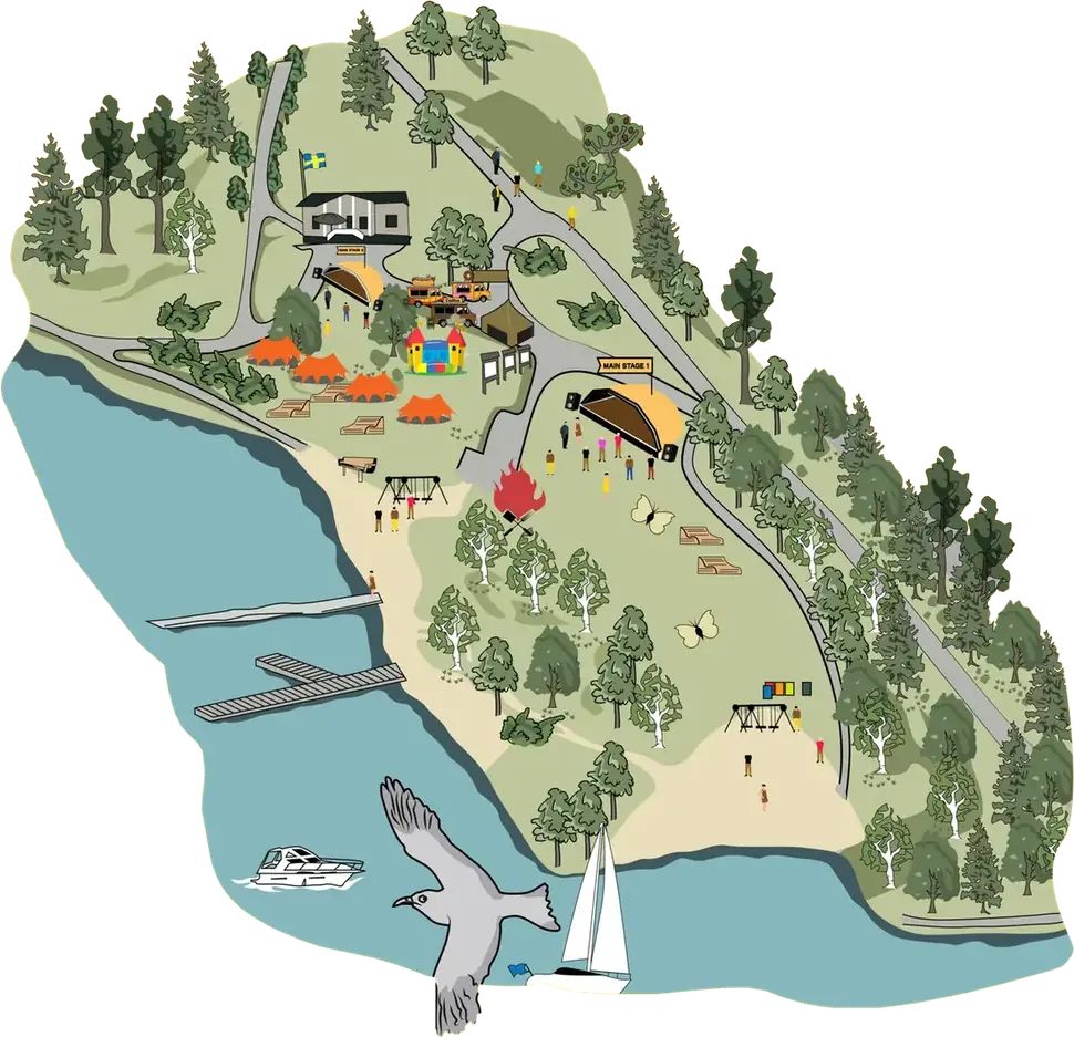 Illustrated map of Kanaanbadet with the stage, food area and beach