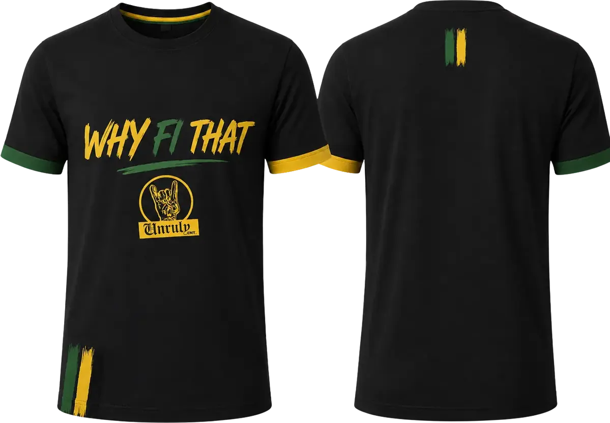 “Why Fi That” festival T-shirt in black with green and gold trim, front and back