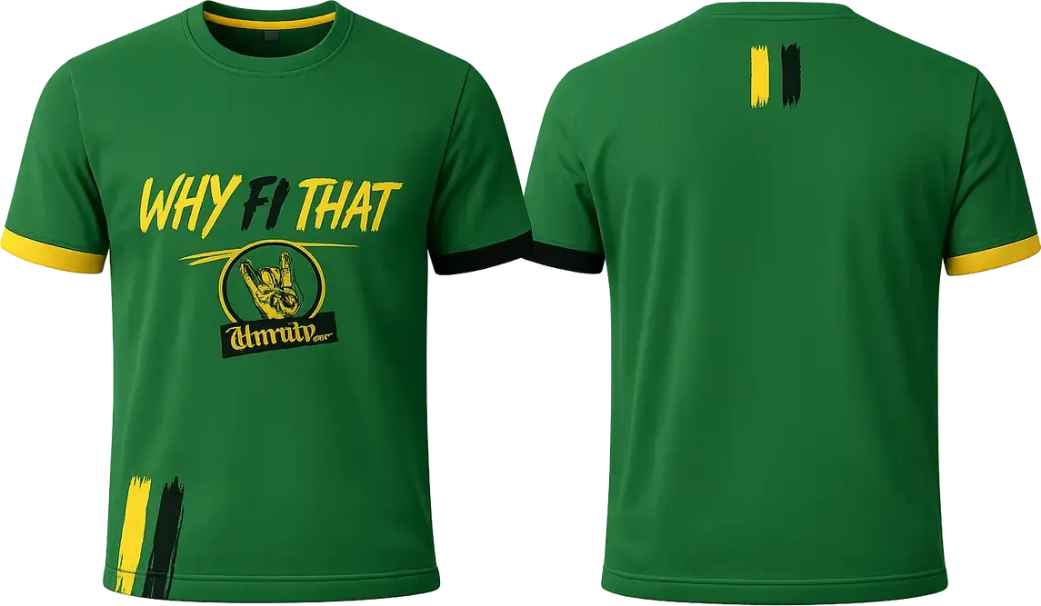 “Why Fi That” festival T-shirt in green with gold trim, front and back