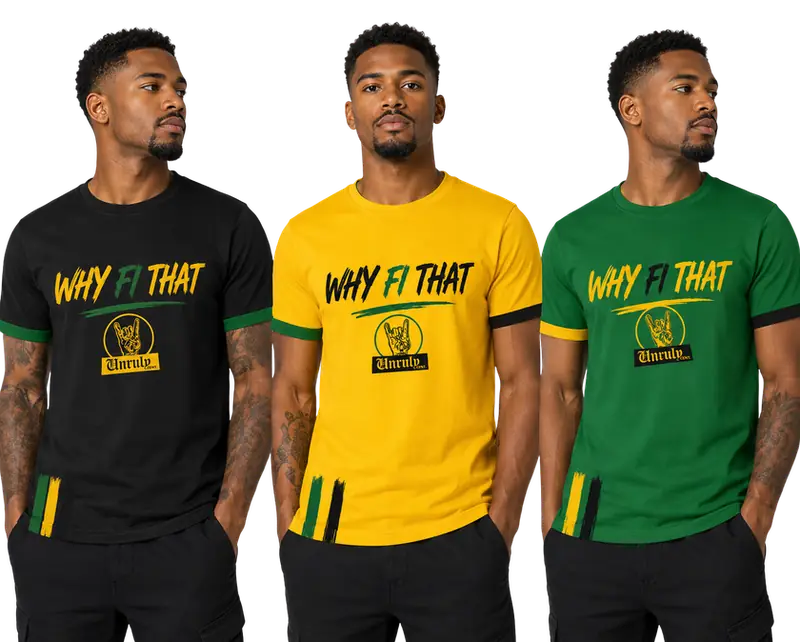 Three models wearing the black, gold and green tees