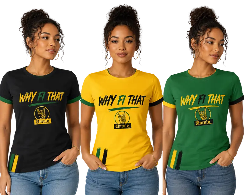 Three models wearing the black, gold and green tees