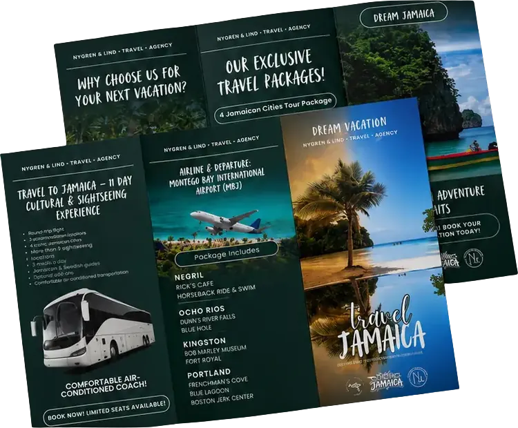 Travel package brochure for Negril, Ocho Rios, Kingston and Portland